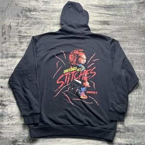 Chucky Child's Play Snitches Get Stitches Horror Movie Black Hoodie Men's XL